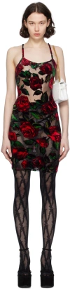 Balmain Black & Red Rose Minidress In Elk Noir/rouge/vert