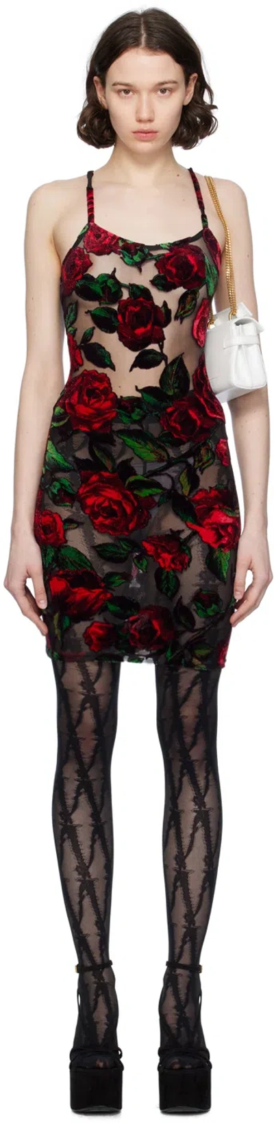 Balmain Black & Red Rose Minidress In Elk Noir/rouge/vert