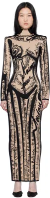 Balmain Long Knit Dress With Body Motif In Neutral