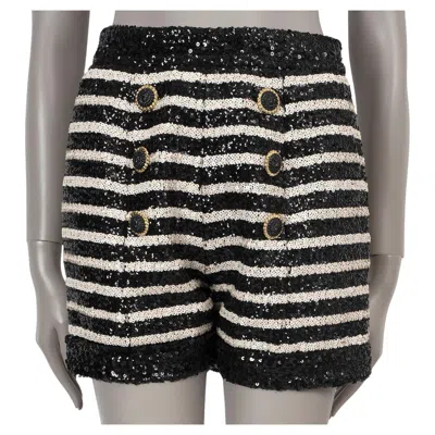 Pre-owned Balmain Black & White 2024 Striped Sequin Shorts Pants 36 Xs