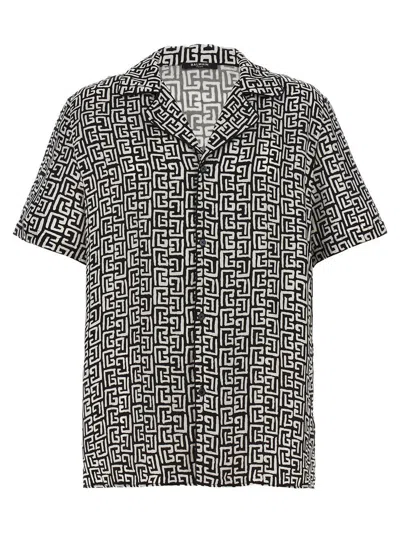 Balmain Black And White Bowling Shirt With All-over Monogram In Cupro Man In Multicolor