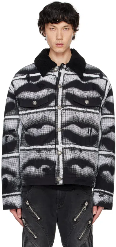 Balmain Denim Jacket With Lips Print In Black