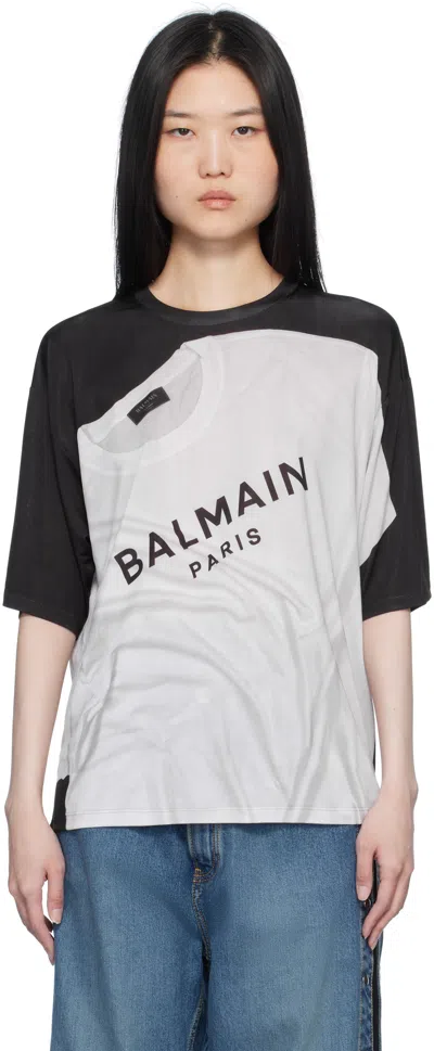 Balmain Black & White Loose Optical Illusion Print T-shirt In Eab Noir/blanc