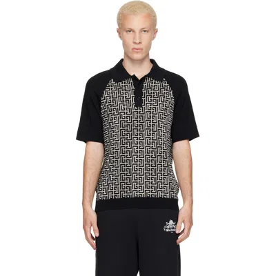 Balmain Black & White Monogram Cotton Linen Knit Polo