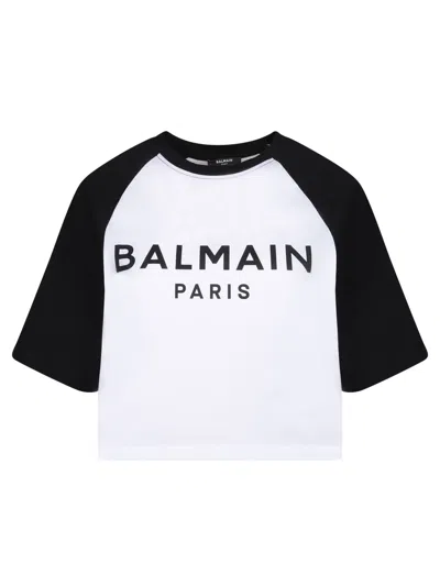 BALMAIN BLACK AND WHITE RAGLAN CROP T-SHIRT