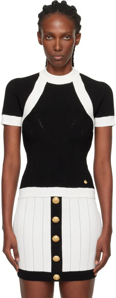 Balmain Black & White Short-sleeved Knit Top