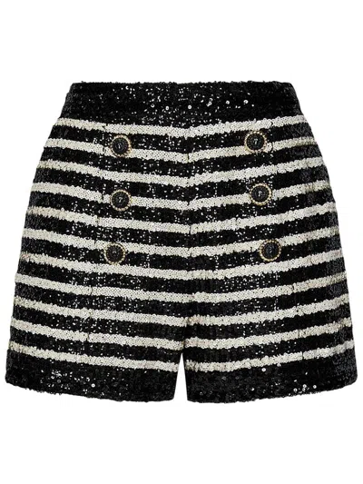 BALMAIN BLACK AND WHITE STRIPED SHORTS WITH JEWEL BUTTONS
