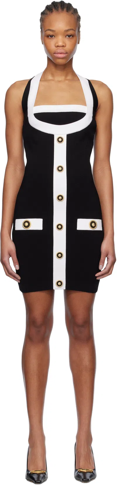 BALMAIN BLACK & WHITE TWO-TONE HALTERNECK KNIT MINIDRESS