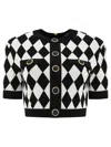 Balmain Cropped Button-embellished Jacquard-knit Top In Noir/blanc