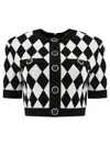Balmain Cropped Button-embellished Jacquard-knit Top In Noir/blanc