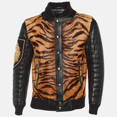 Pre-owned Balmain Black Animal Print Leather Tiger Embellished Bomber Jacket L