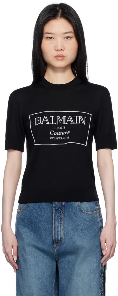 Balmain Black ' Couture' Two-tone Knit T-shirt In Eab Noir/blanc