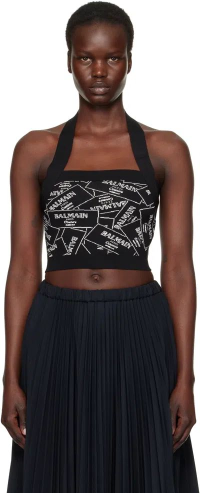 BALMAIN BLACK 'BALMAIN' LABEL MOTIF TOP