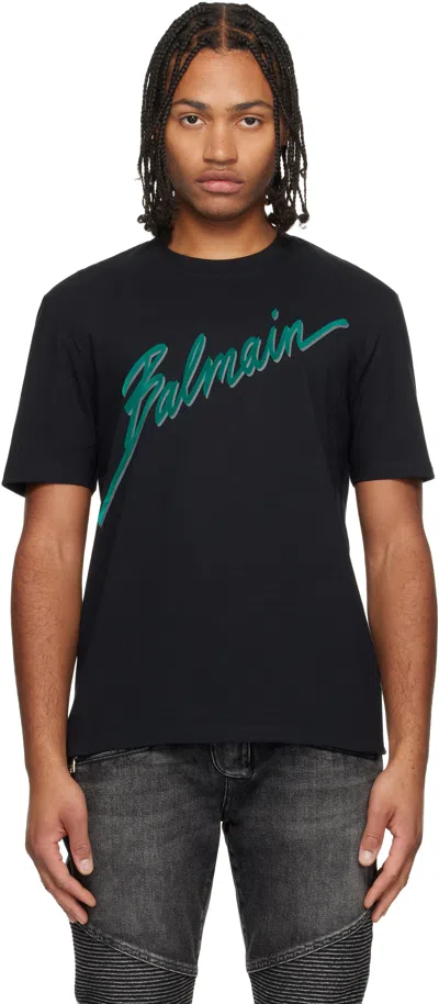 BALMAIN BLACK 'BALMAIN' LETTRE FLOCKED T-SHIRT