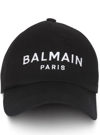BALMAIN BLACK BASEBALL CAP WITH CONTRASTING LOGO IN COTTON