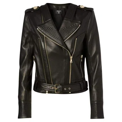 Pre-owned Balmain Black Buckle Belt Leather Jacket Fr 38