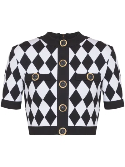 BALMAIN BLACK BUTTONED DIAMOND CROP TOP