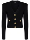 Balmain Black Ribbed Cardigan With Shoulder Pads And Logoed Metal Buttons In Black