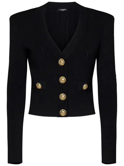 BALMAIN BALMAIN BLACK RIBBED KNIT CARDIGAN