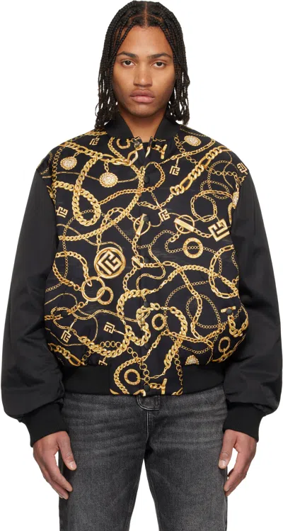 BALMAIN BLACK CHAÎNES PATTERN & MONOGRAM REVERSIBLE BOMBER JACKET