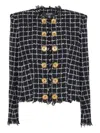 Balmain Black Checks Round Neck Blazer In Black