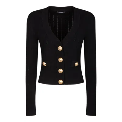 Balmain Black Fitted Cardigan With V Neckline And Jewel Buttons In Knit