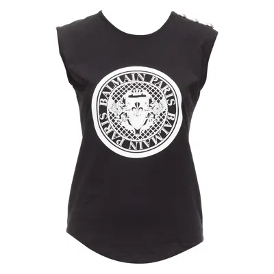 Pre-owned Balmain Black Cotton Crest Logo Silver Button Shoulder Tank Top Vest Fr34 Xs