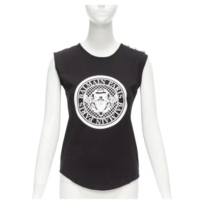 Pre-owned Balmain Black Cotton Crest Logo Silver Button Shoulder Tank Top Vest Fr34 Xs