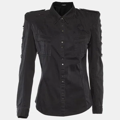 Pre-owned Balmain Black Cotton Distressed Button Front Shirt M