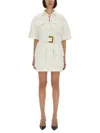 Balmain Short Dress With Belted Waist And Front Pockets In Neutral