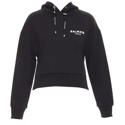 Pre-owned Balmain Black Cotton Flocked Felt Logo Print Side Split Cropped Fleece Hoodie Xs