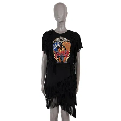 Pre-owned Balmain Black Cotton Fringed Embroidered T-shirt Dress 40 M