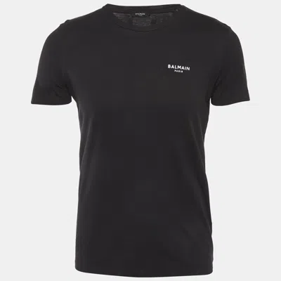 Pre-owned Balmain Black Cotton Knit Logo Applique T-shirt S