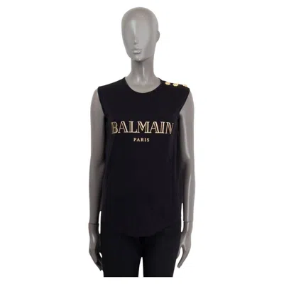 Pre-owned Balmain Black Cotton Logo Buttoned Neck Tank Top Shirt 36 Xs