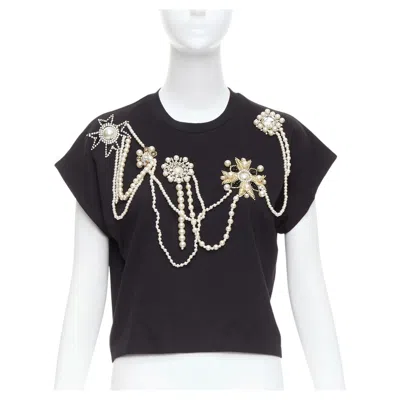 Pre-owned Balmain Black Cotton Pearl Bead Embellished Crop Tshirt Xs