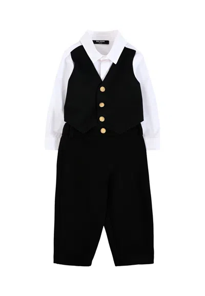 BALMAIN BLACK COTTON SUIT FOR BABY BOY WITH