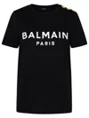 Balmain Black Crewneck T-shirt With Logo Print And Golden Buttons In Jersey Woman