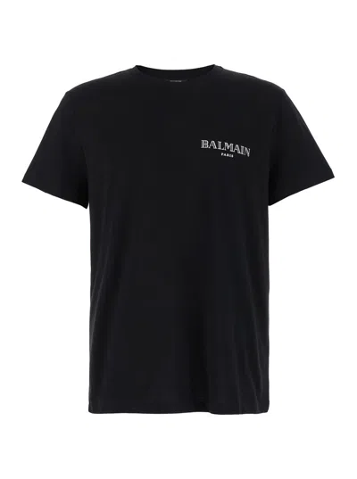Balmain Black Crewneck T-shirt With Logo Print In Cotton Man