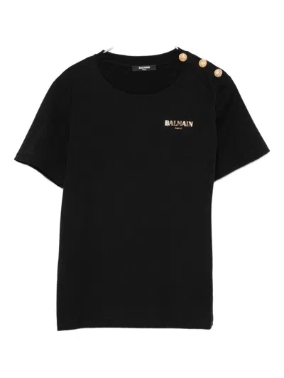 BALMAIN BLACK COTTON T-SHIRT WITH GOLD BUTTONS BALMAIN