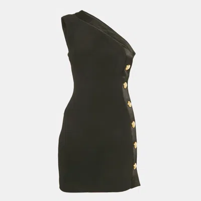 Pre-owned Balmain Black Crepe Button Detail One Shoulder Mini Dress S