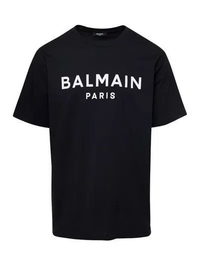 BALMAIN BLACK CREW NECK T-SHIRT WITH LOGO PRINT ON THE CHEST IN COTTON MAN