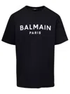 BALMAIN BLACK CREW NECK T-SHIRT WITH LOGO PRINT ON THE CHEST IN COTTON MAN