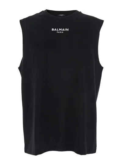 BALMAIN BLACK CREWNECK SLEEVELESS TOP WITH LOGO LETTERING EMBROIDERY ON THE FRONT IN COTTON MAN