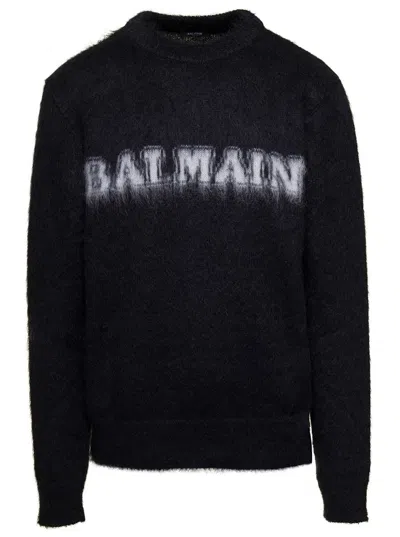 BALMAIN BLACK CREWNECK SWEATER WITH MAXI LOGO LETTERING ON THE FRONT AND BRUSHED EFFECT IN WOOL BLEND MAN