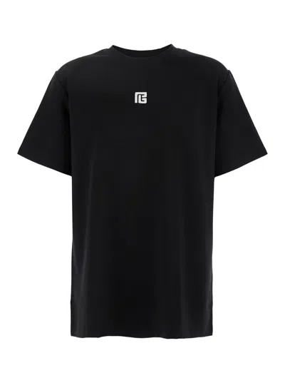 Balmain Black Crewneck T-shirt With Logo Detail Embroidery On The Front In Cotton Blend Man In Multicolor