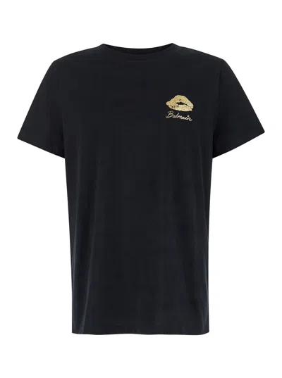 Balmain Black Crewneck T-shirt With Logo Detail On The Front In Cotton Man