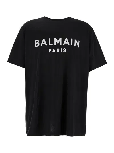 BALMAIN BLACK CREWNECK T-SHIRT WITH LOGO LETTERING ON THE FRONT