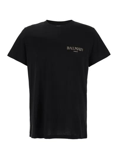 Balmain Black Crewneck T-shirt With Logo Print In Cotton Man
