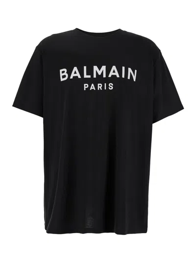 BALMAIN BALMAIN BLACK CREWNECK T-SHIRT WITH LOGO LETTERING ON THE FRONT IN COTTON MAN