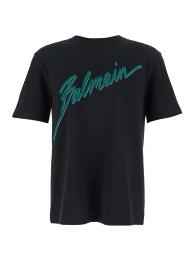 Balmain Crew Neck Flocked Letter T-shirt In Black